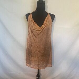 Superdown Rose‎ Gold Metallic Mesh Cowl Neck Backless Mini Dress XL New